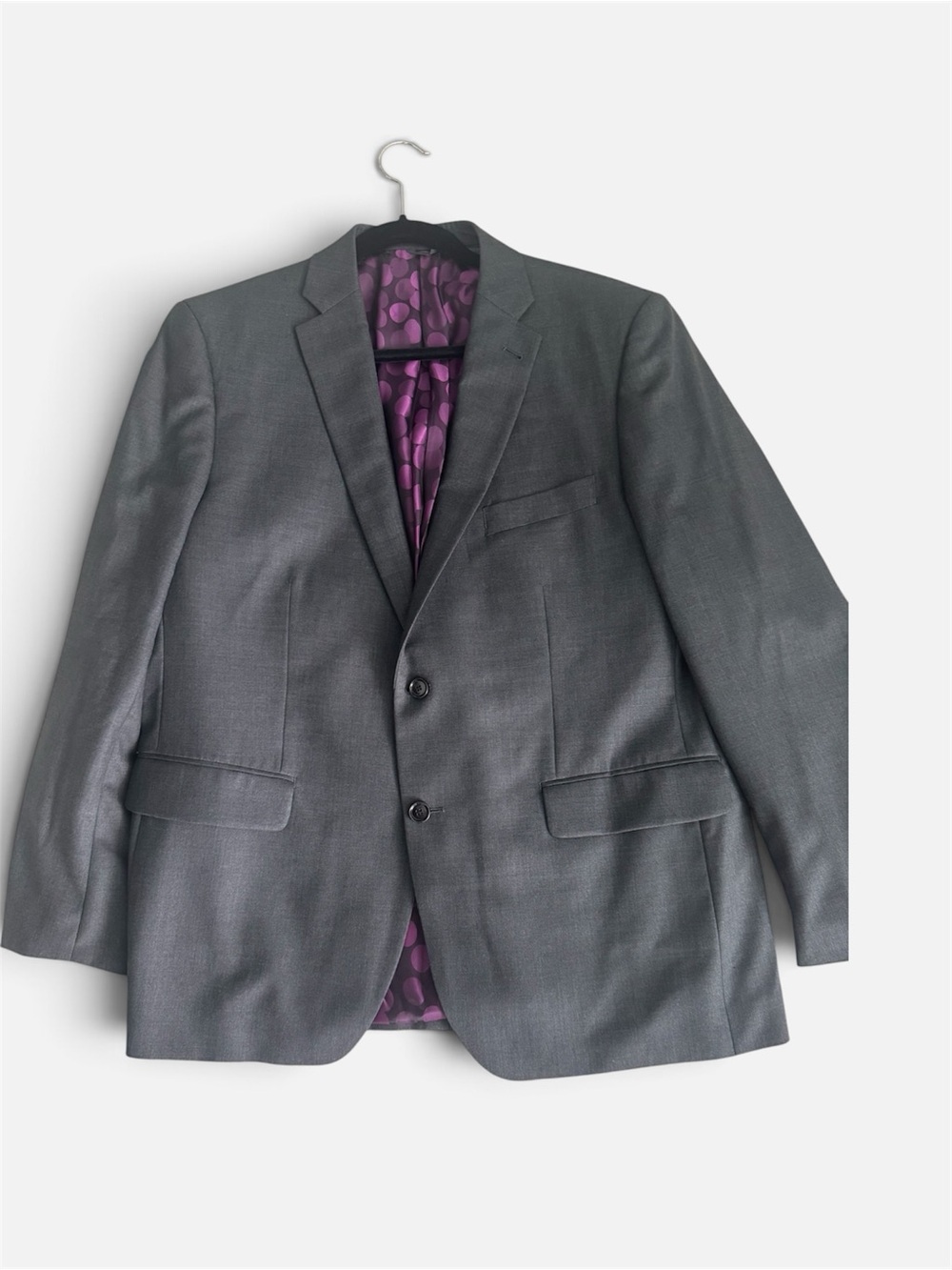 Men's Gray Two-Button Suit Jacket with Purple Lining